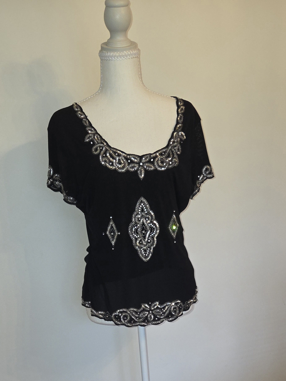 INC International Concepts Black Beaded Scoop Neck Blouse